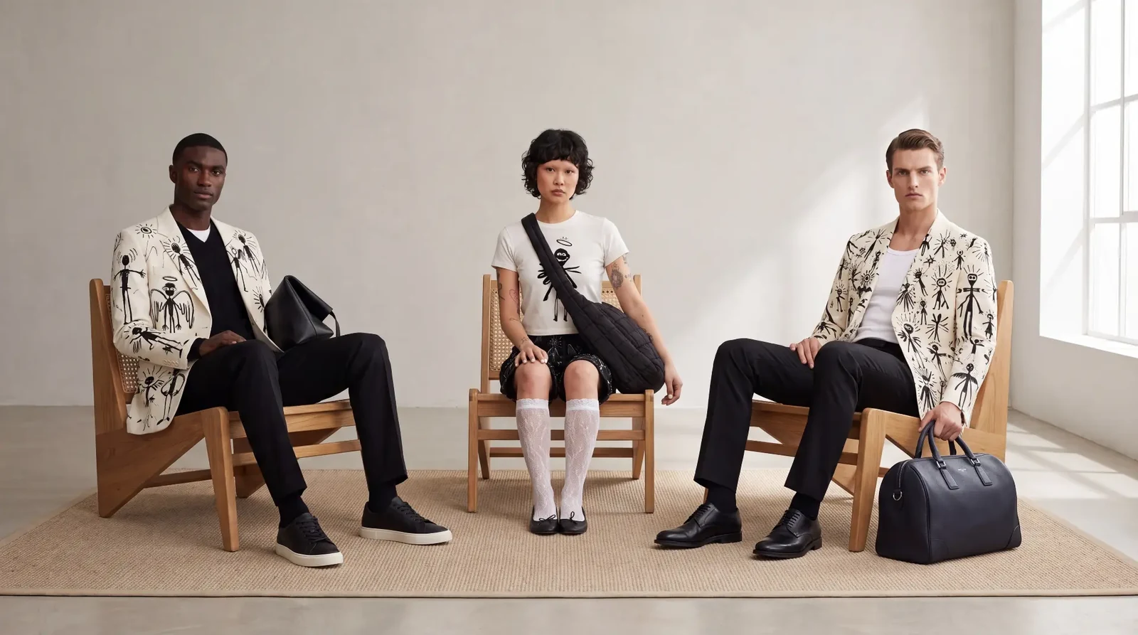 HALO Collection 01 campaign — three models in Halo Figures blazers and Halo tee